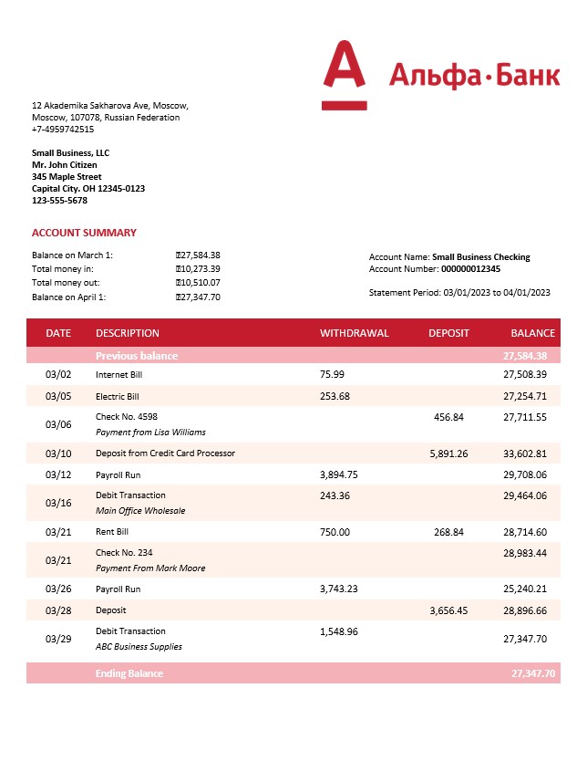 Modèle Word et PDF de relevé de compte courant de l'organisation Alfa Bank